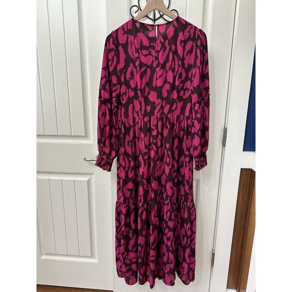 Who What Wear Midi Dress S Pink Brown Abstract Animal Print Long Sleeve Tiered - Picture 5 of 6